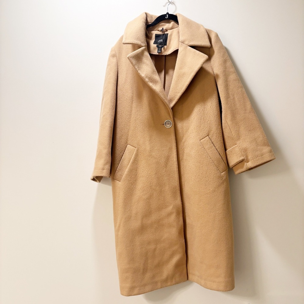 River Island Plus Camel Long Coat Button Front Collar UK Size 18